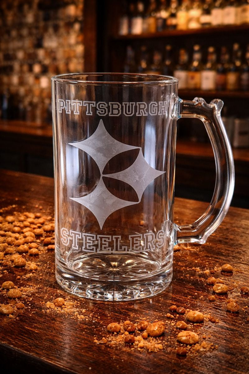 Etched Beer Mugs- Football